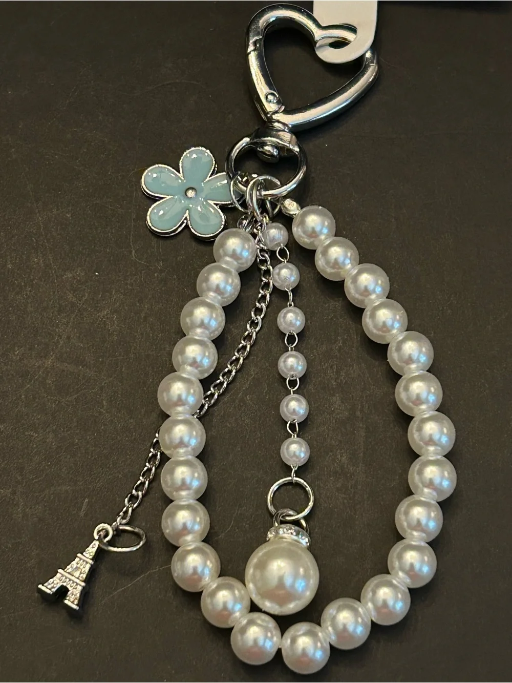 Silver or Gold w/Colored Enamel Flower Faux Pearl Wristlet Keychain Bag Charm